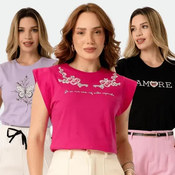 Blusa Feminina T-Shirt Muscle Tee Algodão Estampada Básica Estilosa Gola Redonda P ao GG