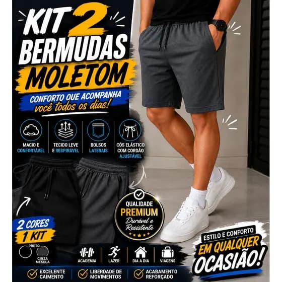 Kit 2 Bermuda Masculina Moletinho Casual Bolsos Cintura Elástica P ao GG