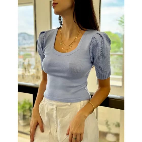 BLUSA FEMININA MANGA CURTA TRICOT MODAL ROUPA ESTILOSA TENDENCIA 2026