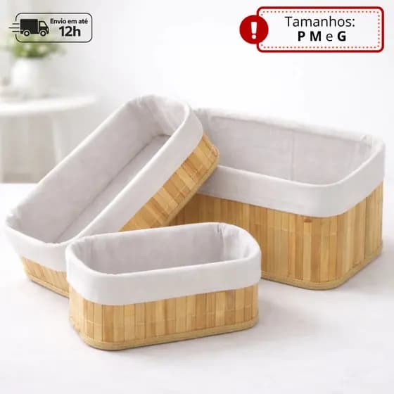 Kit 3 Cestos Organizador De Bambu Multiuso Com Forro