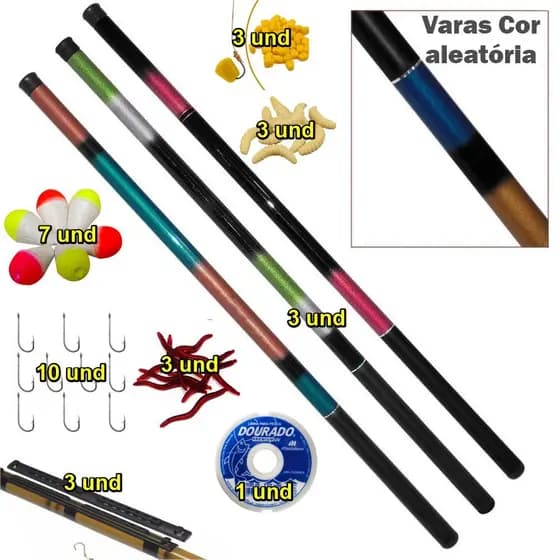 KIT 3 VARAS TELESCOPICA 3,00 M + LINHA + ANZOL + BOIA + ISCAS ARTIFICIAIS