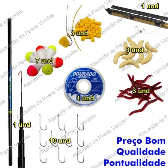 KIT VARA TELESCOPICA 3,00 M + LINHA + ANZOL + BOIA + ISCAS ARTIFICIAIS