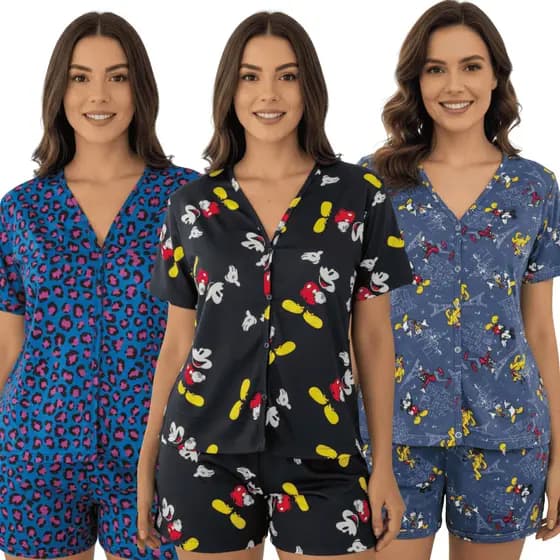 Kit 3 Pijama Feminino Aberto Estampado Botões Frontais/Pijama Feminino Aberto na Frente Luxo Gestante Amamentação