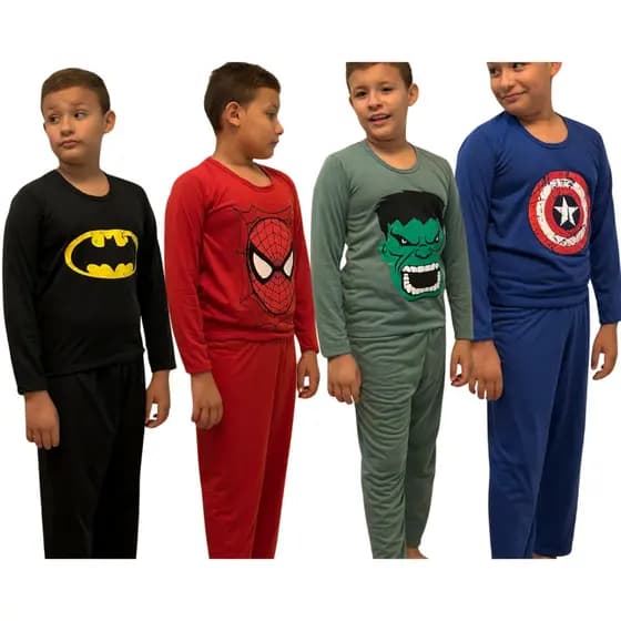 Kit 3 Pijama Longo Infantil Estampados Super Heroi/Kit 3 Conjunto Pijama Frio Infantil Criança