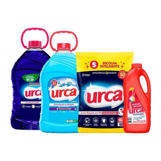 Lava Roupas Liquido Urca Azul 5L+Lava Roupas Pó Urca Concentrado Sache 4Kg+Tira Manchas Urca Maxx 1,5L+Amaciante Urca Brisa Azul 5L
