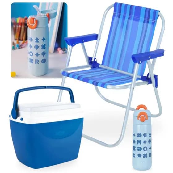 Kit Garrafa Térmica 480ml em Inox Azul + Cadeira de Praia Infantil Bel + Caixa Térmica 6 Lts Azul