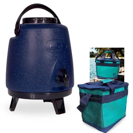 Kit Botijão Garrafa Térmica Grande 6l com Torneira Azul + Bolsa Termica Aruba 13,5l Praia Camping e Viagens