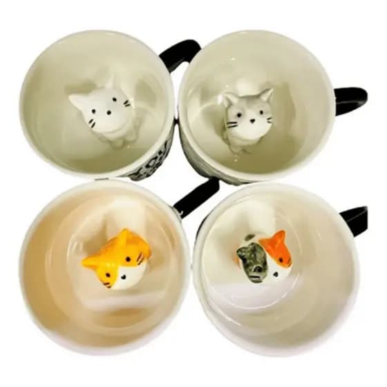 4 Caneca Xícara Cerâmica Com Gatinho Dentro 3d Gatinho Dentro