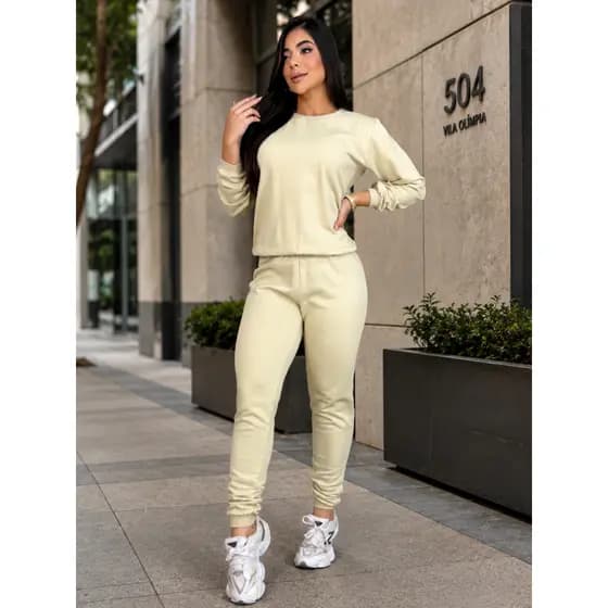 Conjunto Moletom Feminino Calça Jogger e Blusa de Frio Flanelada Básica Lisa Agasalho Confortável