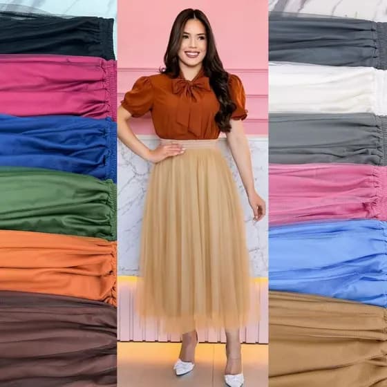 Saia Longuete Tule com Elastico na Cintura Moda Evangélica 171