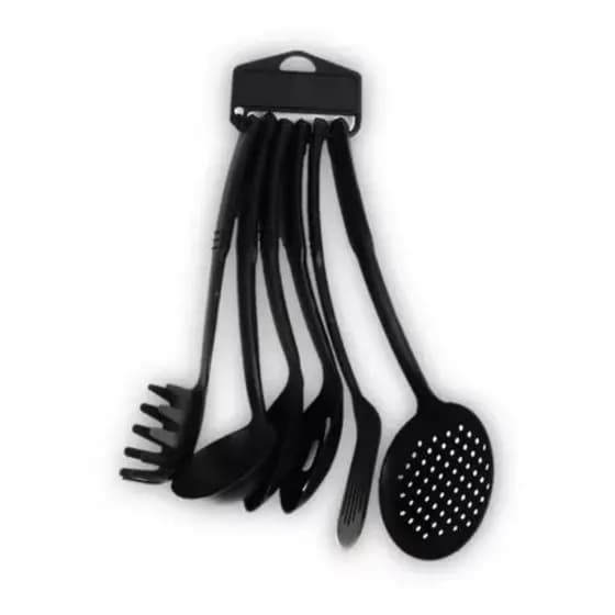 Kit Conjunto Utensílios Cozinha 6 Peças Preto Até 190 Graus Pegadores Colher