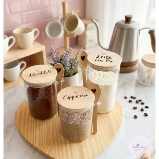 Pote Hermético Personalizado - TAMPA DE BAMBU E COLHER - 3 Tamanhos - Cantinho do café - LEIA A DESCRIÇÃO