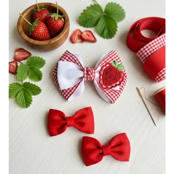 Kit Laços de Menina Moranguinho Xadrez Vermelho Infantil Parzinho Presilha Bico de Patos Luxo Artesanal