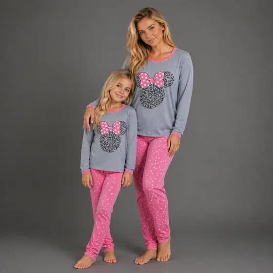 Kit 2 Pijamas Malha Premium Mae e Filha MINNIE Inverno Blusa Manga Longa Conforto