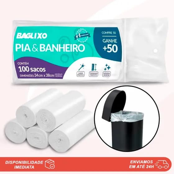 100 Sacos De Lixo Cor Branca Para Lixeiras Pequenas Pia BanheiroCozinha 34x38cm Reforçado Tipo Bobina Picotada Baglixo