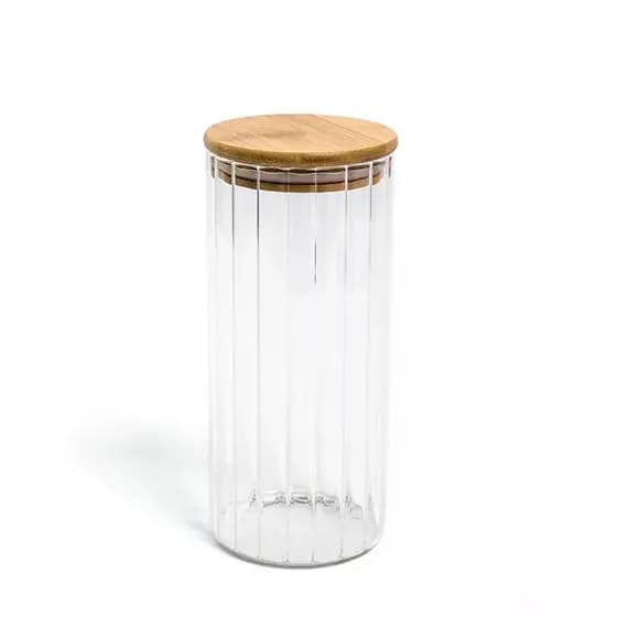 Pote 1100ML de Vidro Canelado com Tampa de Bambu -Oikos