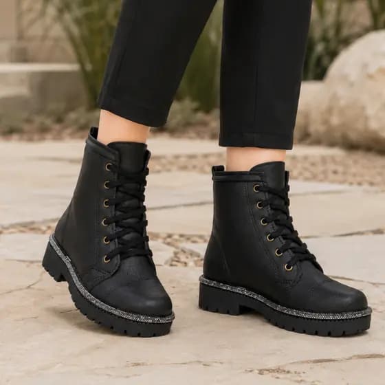 Bota Feminino Klicpé Cano Curto Coturno Strass Tratorada Infantil Juvenil Menina Salto Baixo Fosca