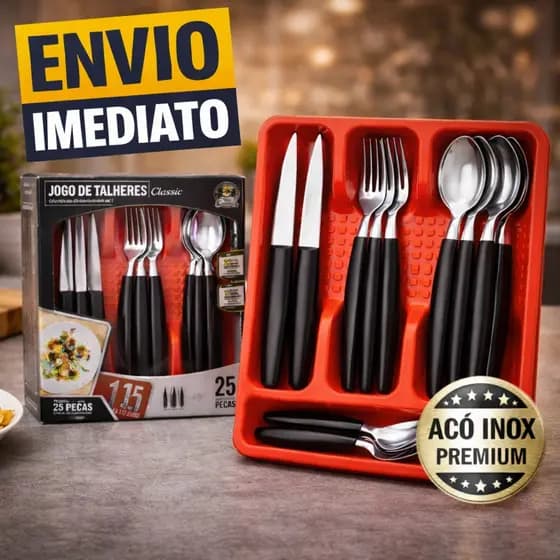 Jogo de Talheres 25 Peças em Aço Inox Preto com Organizador – Faqueiro Conjunto de Talheres com Facas, Garfos e Colheres