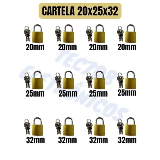 Cartela Kit Com 12 Unidades De Cadeados Reforçado 20x25x32mm (CARTELA+20x25x32)