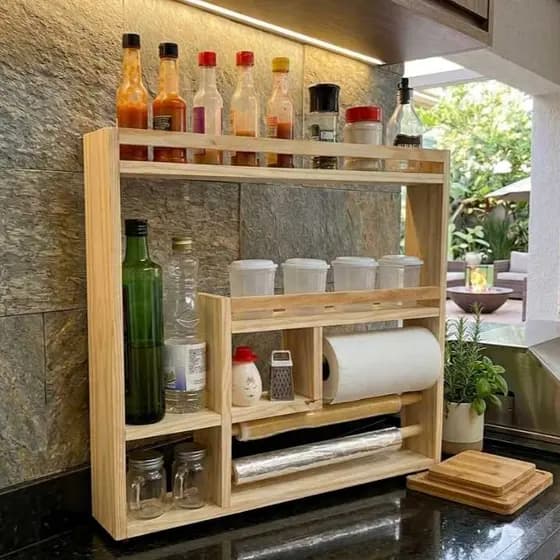 Porta tempero cozinha condimentos organizador papel toalha multifunçaõ prateleira madeira parede