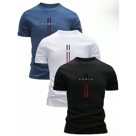 Kit 3 Camisetas Masculina Manga Curta Paris VERTICAL 100% Algodão Camisa Casual Confortável Blusas Unissex Lançamento