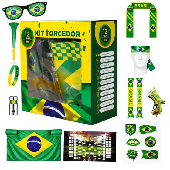 Kit Torcedor Copa 2026 Hexa Seleção Brasileira Futebol 12 Peças Bandeira Adesivo Brasil