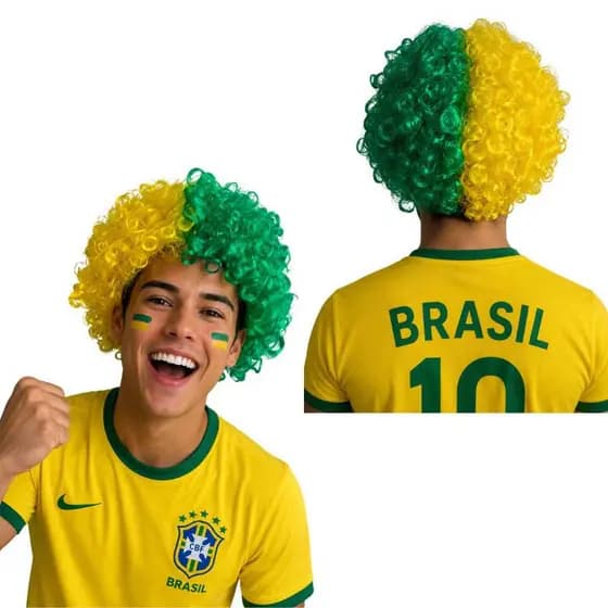 Peruca Verde e Amarela Cacheada Torcida Copa Do Mundo Brasil