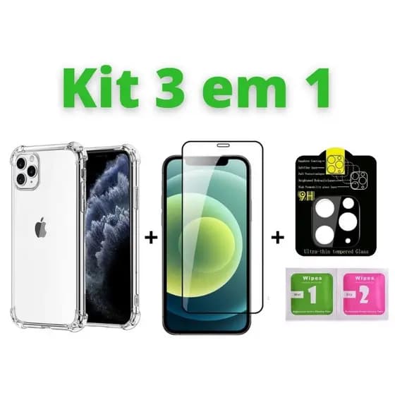 Kit Capa + Película 3D + Película Câmera Compatível iPhone 11 12 Pro Max