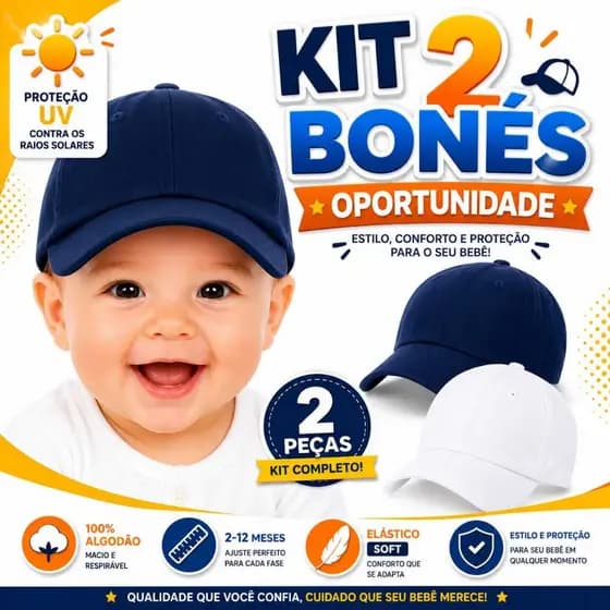Kit 2 Bonés Bebê Menino Menina Com Elástico Regulável 02 A 10 Meses Algodão Macio Proteção Solar Boné Infantil