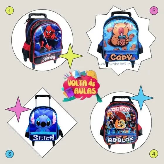 Mochila Escolar Infantil Creche Pequena Com Rodinha Todos Os Personagens Para Menino