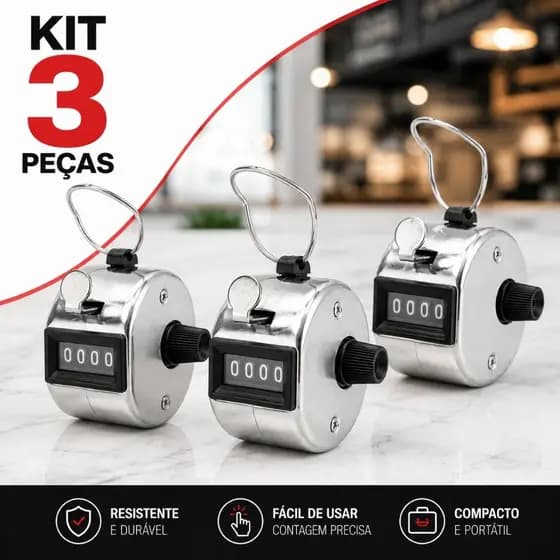 Kit 3 Contador Manual De Pessoas 4 Dígitos em Aço Inox Controle Entrada Mercadoria Voltas