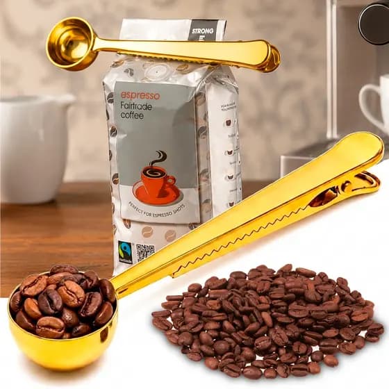 Colher Dosadora Aço Inox Dourada Scoop 15ml Cabo Clip Prendedor Pacote Café Grãos Pó Grampo