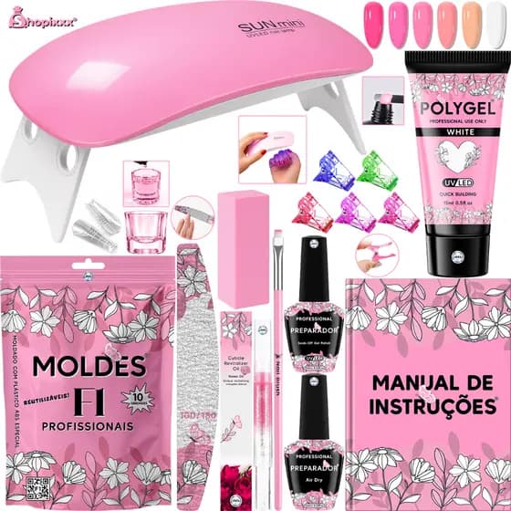 Kit Polygel Molde F1 Mini Cabine 18w Unha Polygel Pincel Presilhas Lixas Copo Dappen Caneta Óleo Alongamento de Unhas