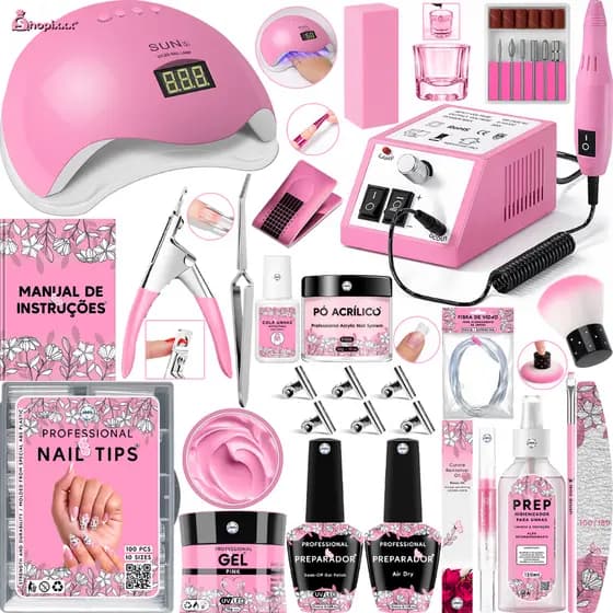 Kit Unha Gel Completo Lixadeira Elétrica Cabine Sun 5 Alongamento Unhas Tips Copo Dappen Fibra Prep