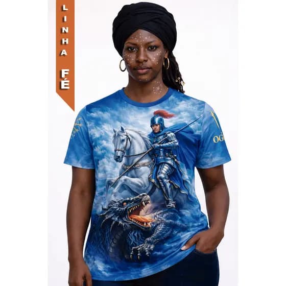 Camiseta São Jorge Ogum Fé, Proteção e Guerra Espiritual Estampa Full Print