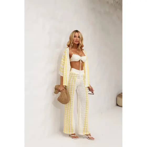 Conjunto Feminino Tricô Vazado – Kimono + Calça Pantalona | Look Praia e Verão Estiloso