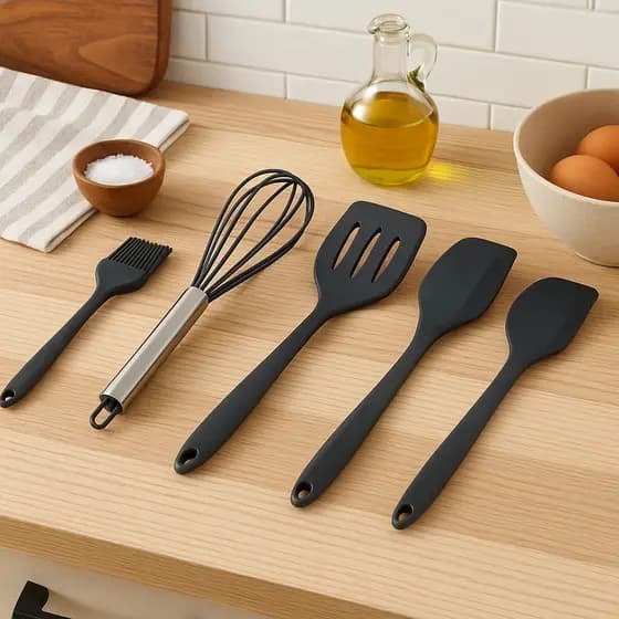 Kit 5 Utensílios de Cozinha em Silicone Espátulas e Batedor Pincel Resistentes Cores Sortidas