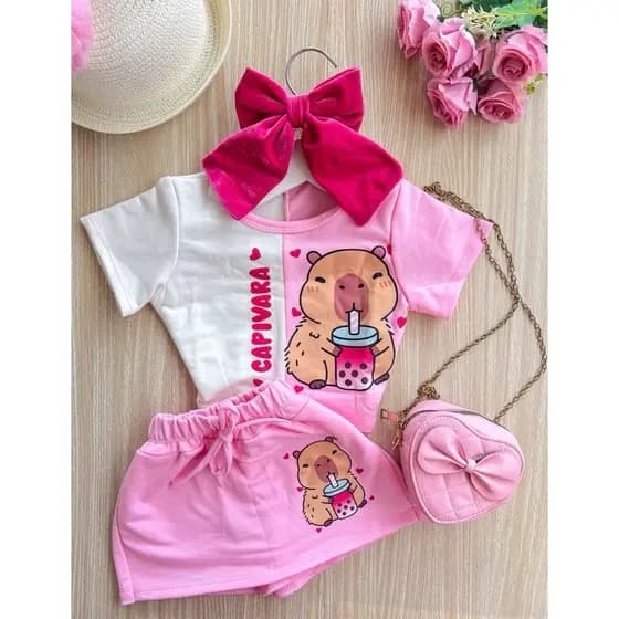 Conjunto Infantil Capivara Menina/ Conjunto Blusa e Short Saia Capivara Moda Infantil