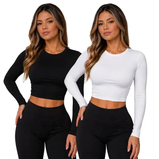 Kit 2 Blusa Feminina de Manga Longa Baby Tee Compressão Cropped Meia Estação Colada Proteção UV