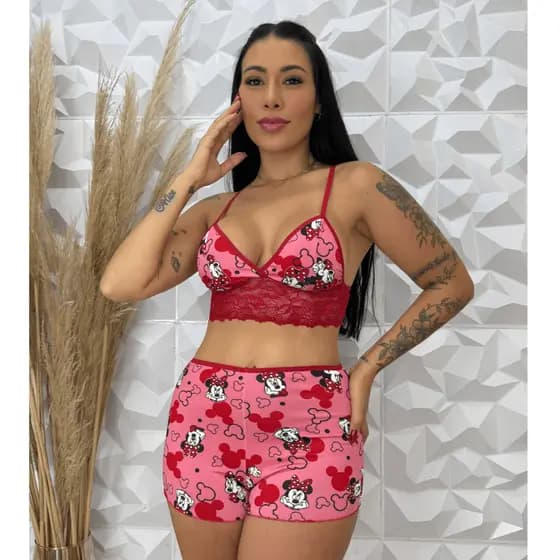 Conjunto Bady Doll Estampado Pijama Personagens Com Detalhe de Renda Roupa de Dormir Conforto Gringa