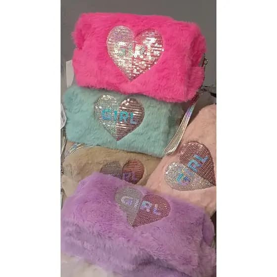 estojo box escolar ou nécessarie pelúcia girl com estampa coração paête