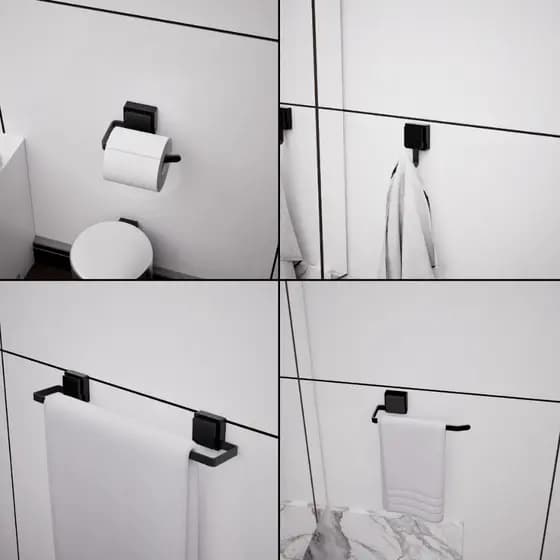 Kit 4 Peças Com Ventosa Porta Toalhas De Parede Preto Fosco