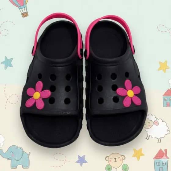 Sandália Feminina Preta Papete Infantil Menina Doce Flor Rosa Leve Delicado Confortável