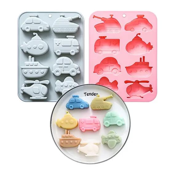 Molde De Silicone Com Tema De Transporte Diferente , 8 Cavidades , Tanque De Carro , Avião , Chocolate , Bandeja De Gelo