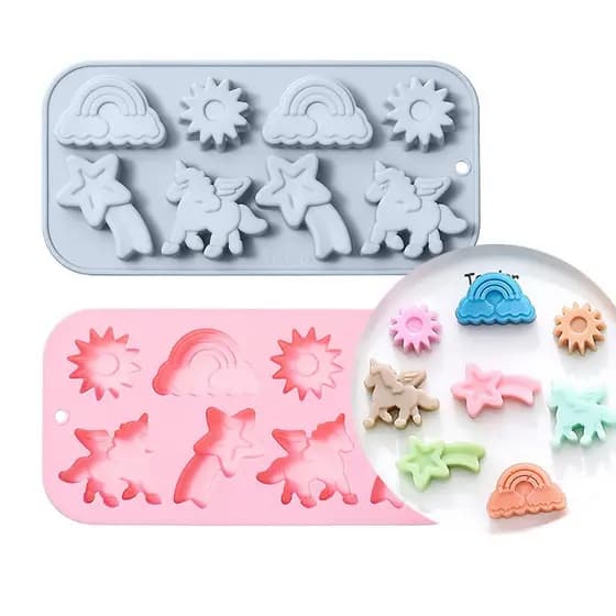 8 Cavidades Dos Desenhos Animados Unicórnio Arco-Íris Meteoro Sol Forma Molde De Silicone Mousse Bolo Sobremesa Chocolat