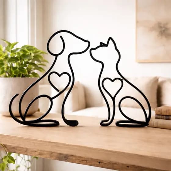 Kit Esculturas Decorativas Minimalistas Cachorro e Gato Premium Moderno Elegante Para Sala Casa Luxo