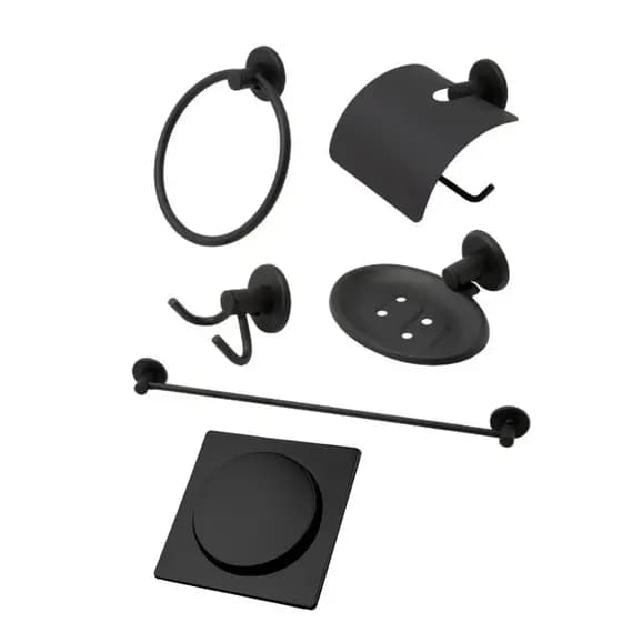 Kit Acessório Banheiro Preto 5 Peças + Ralo Click 10x10 Quadrado Preto