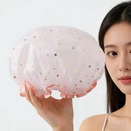 Touca de Banho Impermeável Feminina Estrelas Duplo Plástico- Proteção Total para o Cabelo