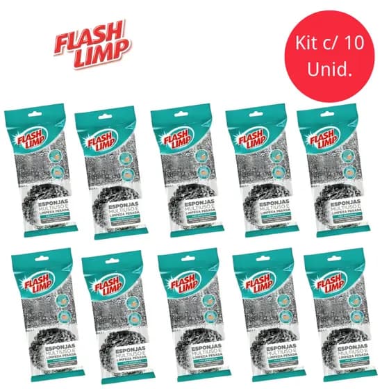 Kit com 5/10 Esponjas de Aço 2 Peças Limpeza Pesada Multiuso – Flash Limp