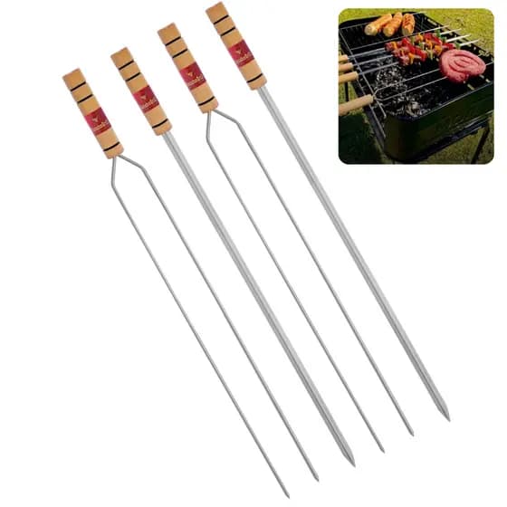 Espeto para Churrasco 85cm Reto e Duplo Galvanizado Com Cabo Madeira Utensílio Churrasqueira